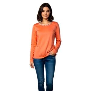 Lands End Coral Salmon Peach Long Sleeve Floral Trim tee top, Size‎ M NWOT